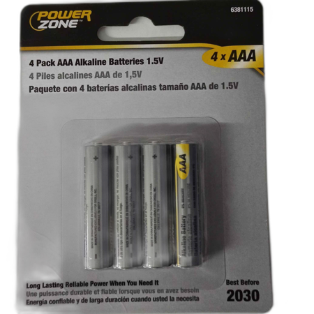BATERIA ALCALINA AAA  (PAQ 4UNID) ## 638-1115 ## POWER ZONE